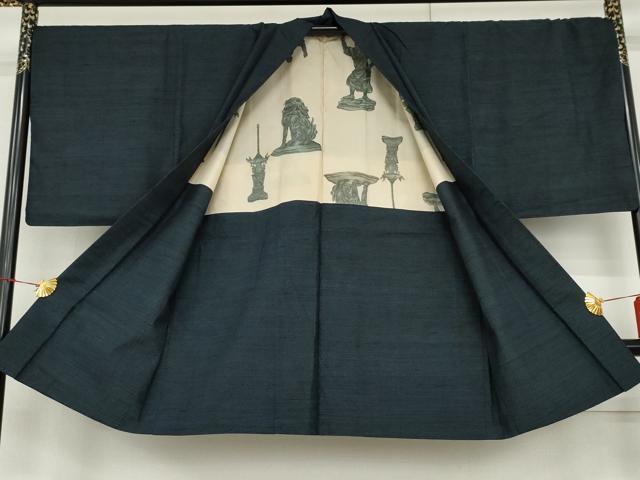 平和屋着物●男性　塩沢紬　アンサンブル　十字　正絹　逸品　AABG9975cs