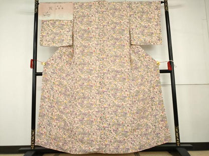 平和屋着物●上質な小紋　型染め　東京染　花唐草文　鬼しぼ縮緬　浜ちりめん　反端付き　正絹　逸品　未使用　AABG9976cs