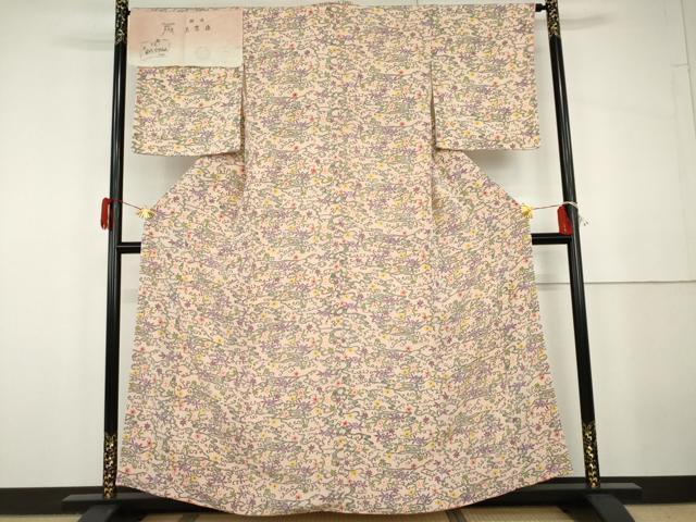 平和屋着物●上質な小紋　型染め　東京染　花唐草文　鬼しぼ縮緬　浜ちりめん　反端付き　正絹　逸品　未使用　AABG9976cs