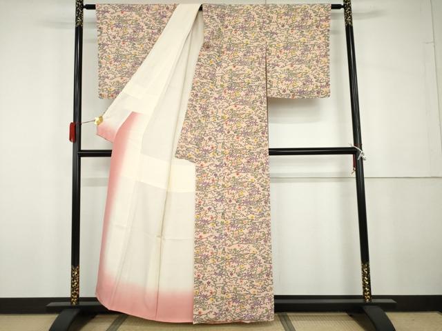 平和屋着物●上質な小紋　型染め　東京染　花唐草文　鬼しぼ縮緬　浜ちりめん　反端付き　正絹　逸品　未使用　AABG9976cs