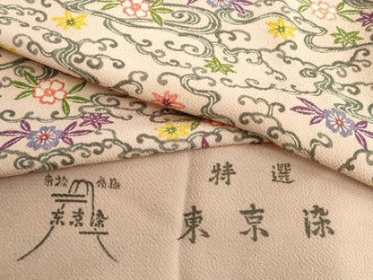 平和屋着物●上質な小紋　型染め　東京染　花唐草文　鬼しぼ縮緬　浜ちりめん　反端付き　正絹　逸品　未使用　AABG9976cs