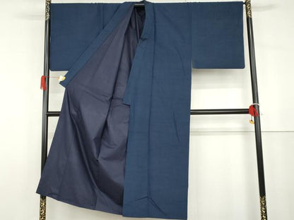 平和屋着物●男性　紬　色無地　瑠璃色　キングサイズ　正絹　逸品　AABG9977cs