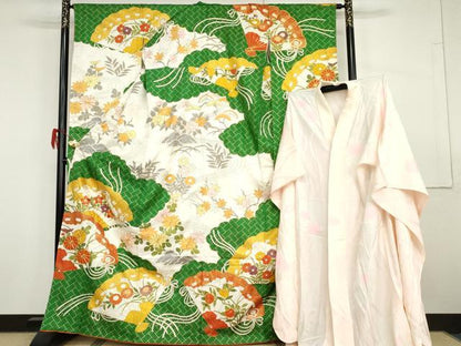 平和屋着物●豪華振袖・長襦袢(無双仕立て)セット　駒刺繍　檜扇枝花文　金彩　正絹　逸品　AABG9999cs