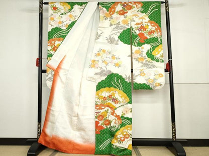 平和屋着物●豪華振袖・長襦袢(無双仕立て)セット　駒刺繍　檜扇枝花文　金彩　正絹　逸品　AABG9999cs