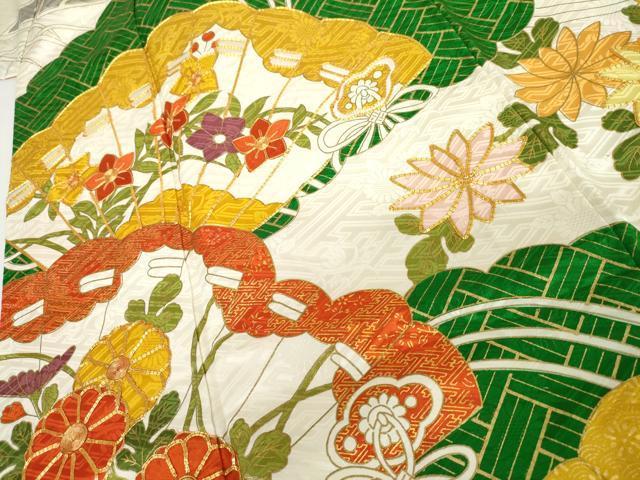 平和屋着物●豪華振袖・長襦袢(無双仕立て)セット　駒刺繍　檜扇枝花文　金彩　正絹　逸品　AABG9999cs