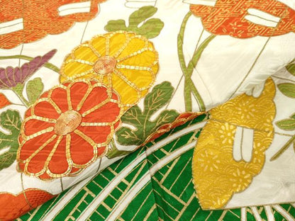 平和屋着物●豪華振袖・長襦袢(無双仕立て)セット　駒刺繍　檜扇枝花文　金彩　正絹　逸品　AABG9999cs