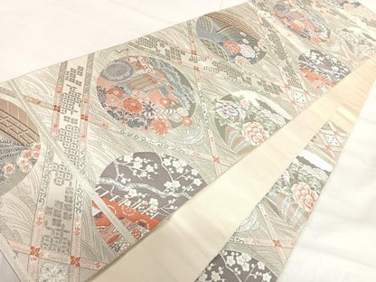 平和屋着物◎六通柄袋帯 天井文 九百錦 プラチナ箔 正絹 逸品 AABH0002yx