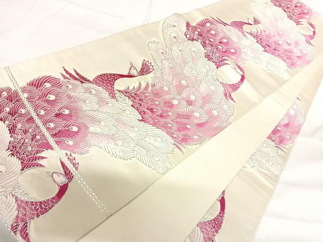 平和屋着物◎六通柄袋帯　唐織　孔雀文　銀糸　正絹　逸品　AABH0004yx