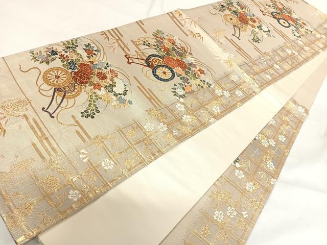 平和屋着物◎六通柄袋帯 唐織 花車文 金糸 正絹 逸品 AABH0008yx