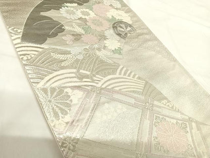 平和屋着物◎六通柄袋帯 花車文 銀糸 正絹 逸品 AABH0009yx