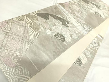 平和屋着物◎六通柄袋帯 花車文 銀糸 正絹 逸品 AABH0009yx