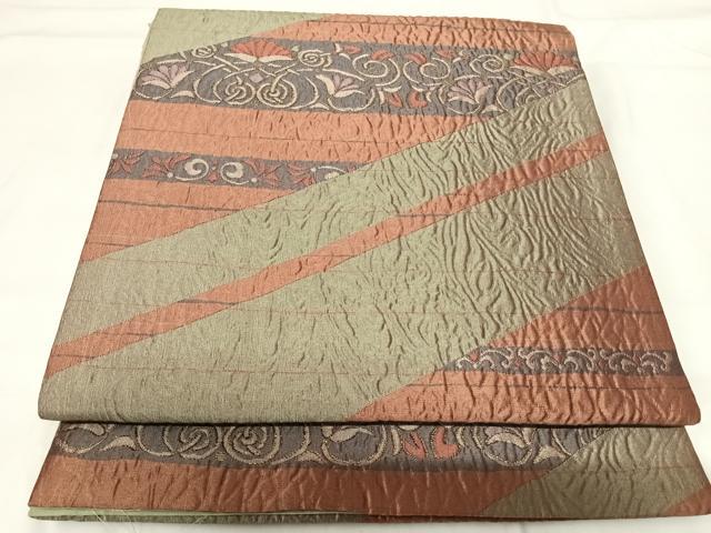 平和屋着物◎六通柄袋帯　ふくれ織　花唐草文　金糸　正絹　逸品　AABH0018yx