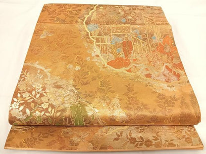 平和屋着物◎六通柄袋帯 人物風景文 銀糸 正絹 逸品 AABH0029yx