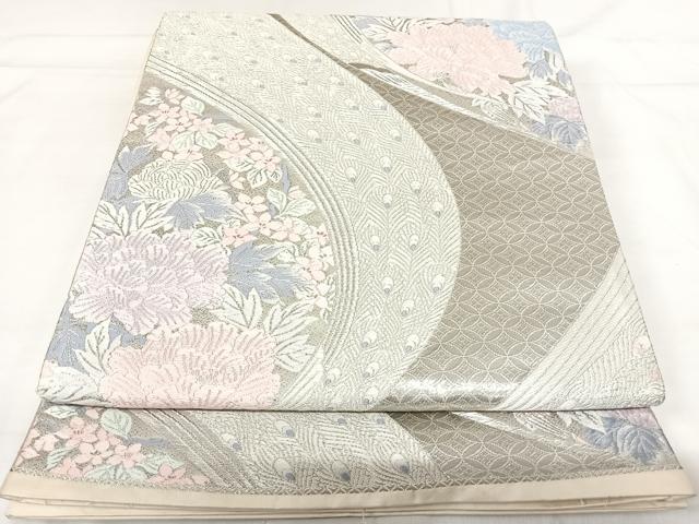 平和屋着物◎西陣 六通柄袋帯 唐織 花園の孔雀 プラチナ箔 正絹 逸品 AABH0033yx
