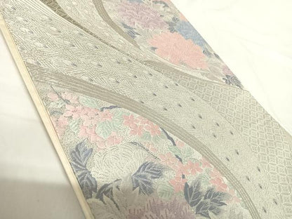 平和屋着物◎西陣 六通柄袋帯 唐織 花園の孔雀 プラチナ箔 正絹 逸品 AABH0033yx