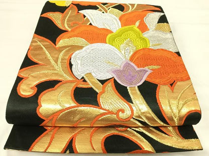 平和屋着物◎六通柄袋帯　唐織　更紗花文　黒地　金銀糸　正絹　逸品　AABH0036yx