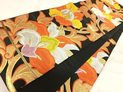 平和屋着物◎六通柄袋帯　唐織　更紗花文　黒地　金銀糸　正絹　逸品　AABH0036yx
