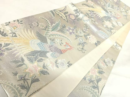 平和屋着物◎六通柄袋帯 唐織 花鳥更紗文 銀糸 正絹 逸品 AABH0037yx
