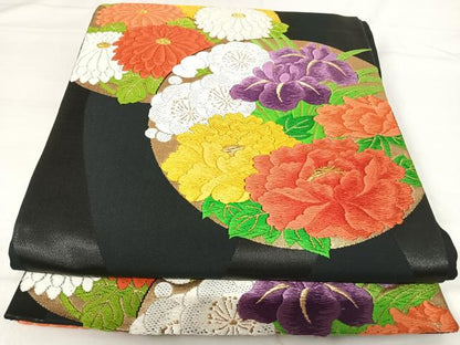 平和屋着物◎六通柄袋帯 唐織 花丸文 黒地 金糸 正絹 逸品 AABH0040yx