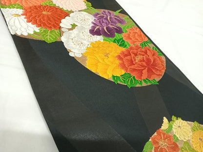 平和屋着物◎六通柄袋帯 唐織 花丸文 黒地 金糸 正絹 逸品 AABH0040yx