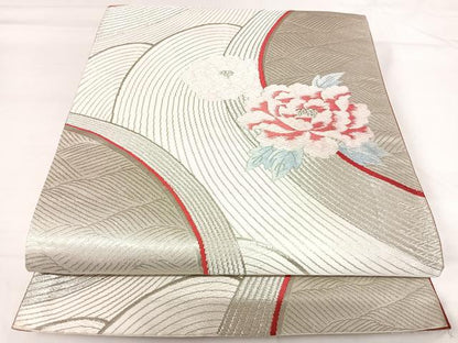 平和屋着物◎六通柄袋帯 流水牡丹文 銀彩 正絹 逸品 AABH0052yx