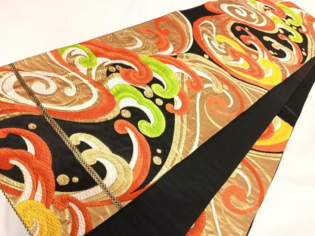 平和屋着物◎六通柄袋帯　唐織　立波文　黒地　金糸　正絹　逸品　AABH0054yx
