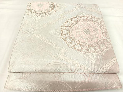 平和屋着物◎六通柄袋帯 唐織 正倉院花文 銀糸 正絹 逸品 AABH0057yx