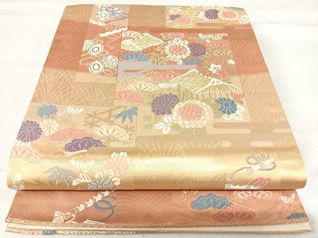 平和屋着物◎六通柄袋帯 唐織 吉祥花文 金糸 正絹 逸品 AABH0058yx