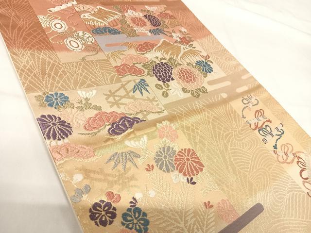 平和屋着物◎六通柄袋帯 唐織 吉祥花文 金糸 正絹 逸品 AABH0058yx