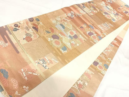 平和屋着物◎六通柄袋帯 唐織 吉祥花文 金糸 正絹 逸品 AABH0058yx