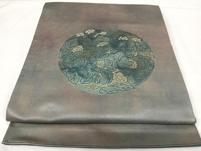 平和屋着物◎太鼓柄袋帯　花絵皿文　引箔　正絹　逸品　AABH0066yx