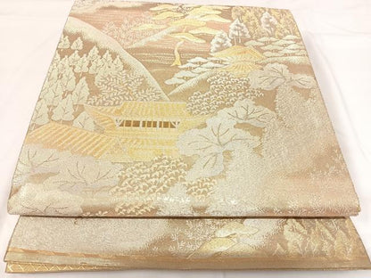 平和屋着物◎佐賀錦 六通柄袋帯 風景文 金糸 正絹 逸品 AABH0069yx