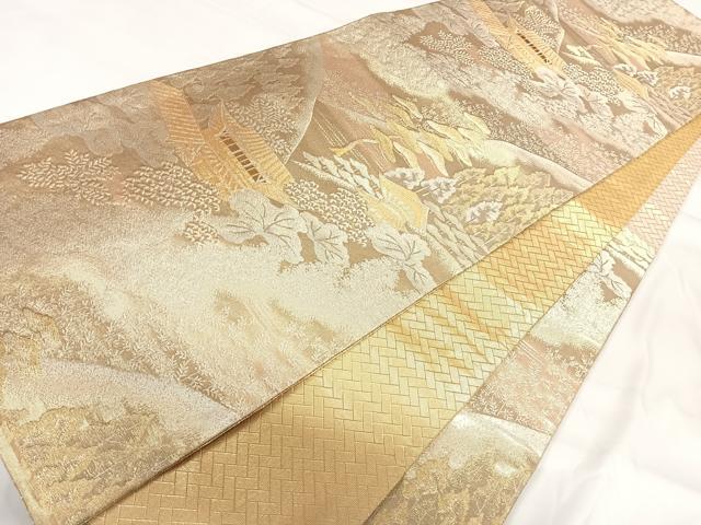 平和屋着物◎佐賀錦 六通柄袋帯 風景文 金糸 正絹 逸品 AABH0069yx