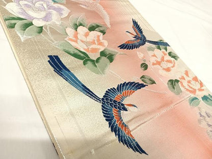 平和屋着物◎六通柄袋帯　唐織　花鳥文　銀糸　正絹　逸品　AABH0079yx