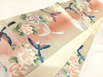 平和屋着物◎六通柄袋帯　唐織　花鳥文　銀糸　正絹　逸品　AABH0079yx