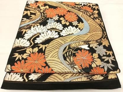 平和屋着物◎六通柄京袋帯 流水花文 黒地 金糸 正絹 逸品 AABH0082yx