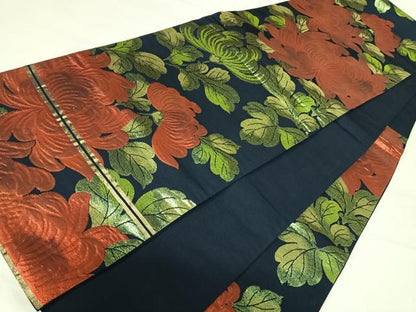 平和屋着物◎六通柄袋帯　牡丹文　黒地　金糸　正絹　逸品　AABH0086yx
