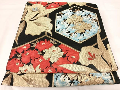 平和屋着物◎六通柄京袋帯 松園 黒地 金糸 正絹 逸品 AABH0088yx