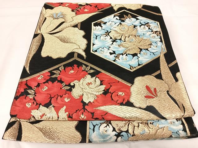 平和屋着物◎六通柄京袋帯 松園 黒地 金糸 正絹 逸品 AABH0088yx