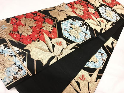 平和屋着物◎六通柄京袋帯 松園 黒地 金糸 正絹 逸品 AABH0088yx