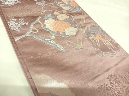 平和屋着物◎六通柄袋帯 唐織 道長花文 銀糸 正絹 逸品 AABH0089yx