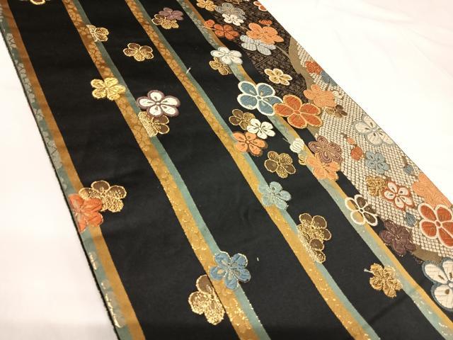 平和屋着物◎六通柄袋帯 唐織 舞花文 黒地 金糸 正絹 逸品 AABH0095yx