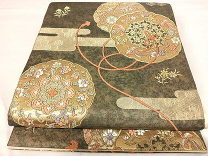 平和屋着物◎六通柄袋帯 唐織 鏡裏花鳥文 金糸 正絹 逸品 AABH0097yx