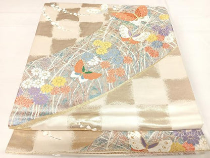 平和屋着物◎六通柄袋帯　唐織　花蝶文　金銀糸　正絹　逸品　AABH0101yx