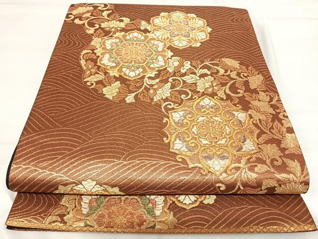 平和屋着物◎六通柄袋帯　正倉院花文　金糸　正絹　逸品　AABH0109yx
