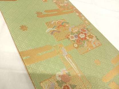 平和屋着物◎佐賀錦 六通柄袋帯 唐織 花車文 金糸 正絹 逸品 AABH0112yx