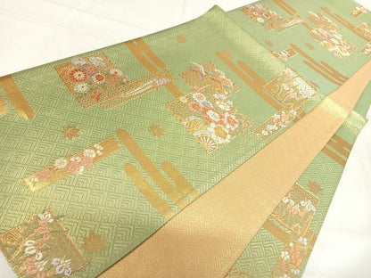 平和屋着物◎佐賀錦 六通柄袋帯 唐織 花車文 金糸 正絹 逸品 AABH0112yx