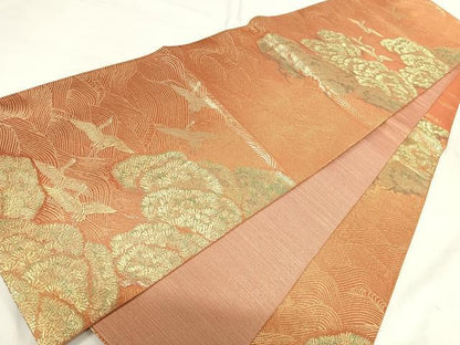 平和屋着物◎六通柄袋帯　飛鶴浜松文　金糸　正絹　逸品　AABH0120yx