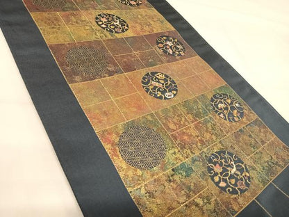 平和屋着物◎太鼓柄袋帯　花鳥丸文　金糸　正絹　逸品　AABH0122yx