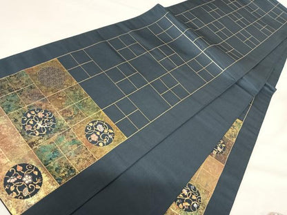 平和屋着物◎太鼓柄袋帯　花鳥丸文　金糸　正絹　逸品　AABH0122yx